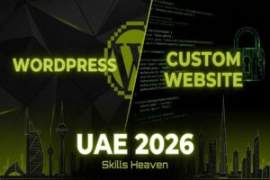 Comparison of WordPress vs Custom Website for UAE 2026, showing the WordPress logo and a custom coding bracket icon.