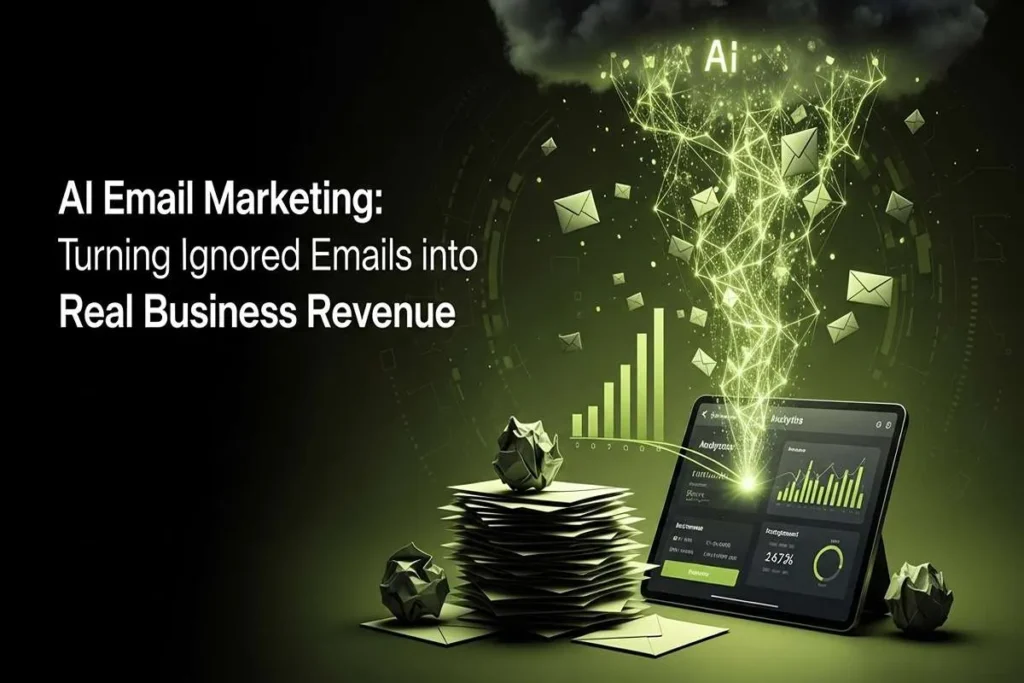 Infographic titled "AI email marketing," showing a digital tablet transforming ignored emails into revenue growth.