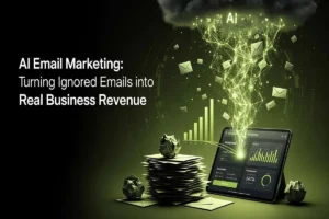 Infographic titled "AI email marketing," showing a digital tablet transforming ignored emails into revenue growth.