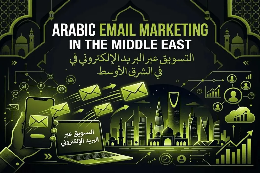Guide to Arabic email marketing in the Middle East, featuring digital icons over a glowing city skyline and mosque arches.