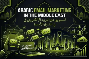 Guide to Arabic email marketing in the Middle East, featuring digital icons over a glowing city skyline and mosque arches.
