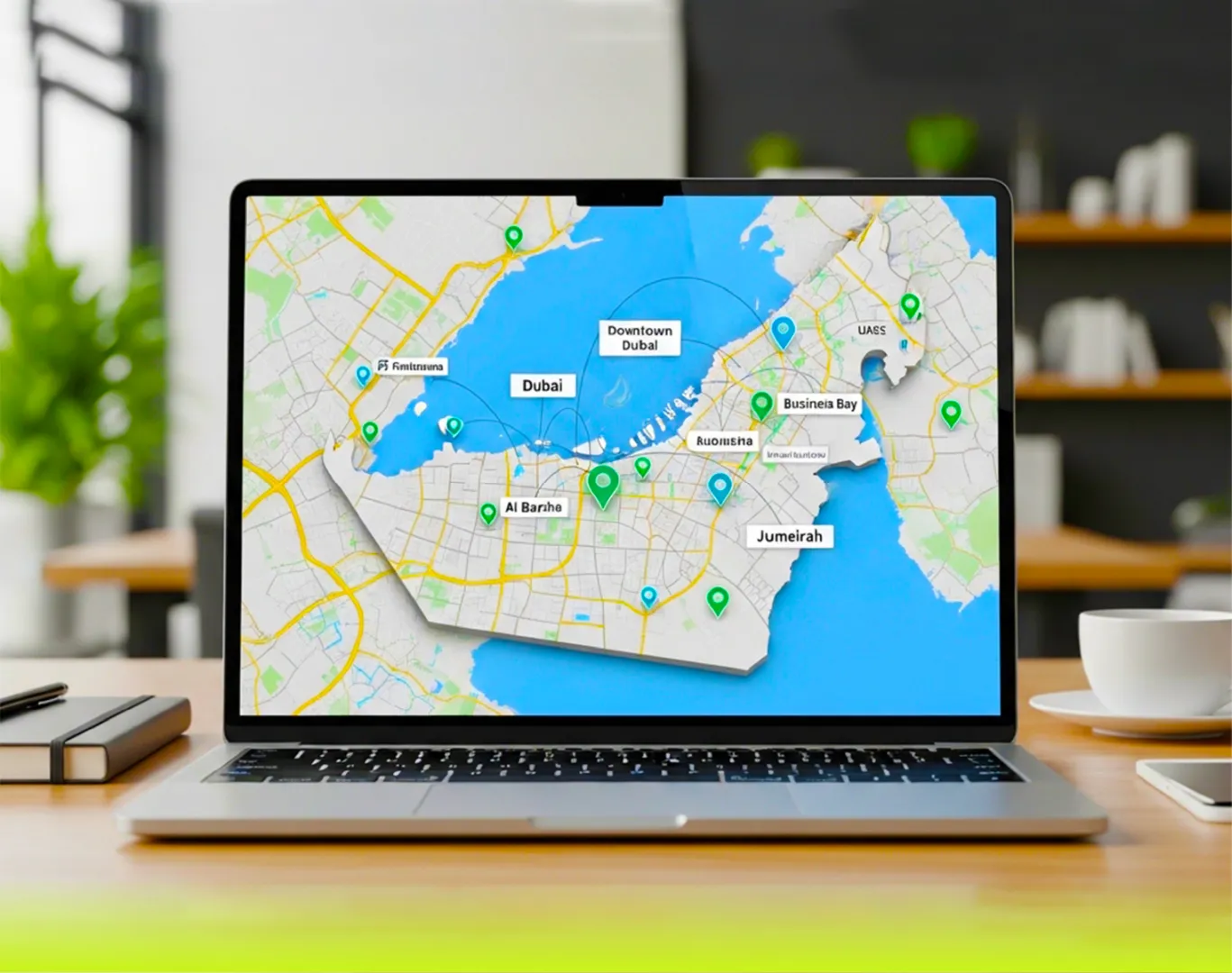 Areas served by Skills Heaven for local SEO service in Dubai shown on digital map with business location pins