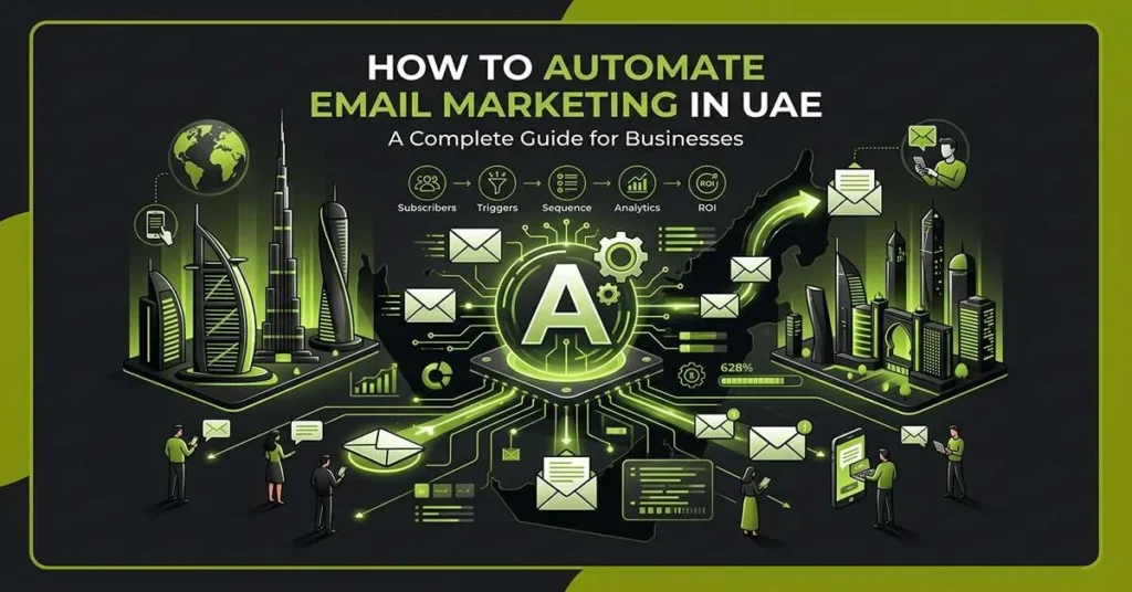 An infographic illustrating a comprehensive guide on How to Automate Email Marketing in UAE, featuring a central 'A' hub connected to iconic Dubai and UAE city skylines with steps like subscribers, triggers, sequence, analytics, and ROI.