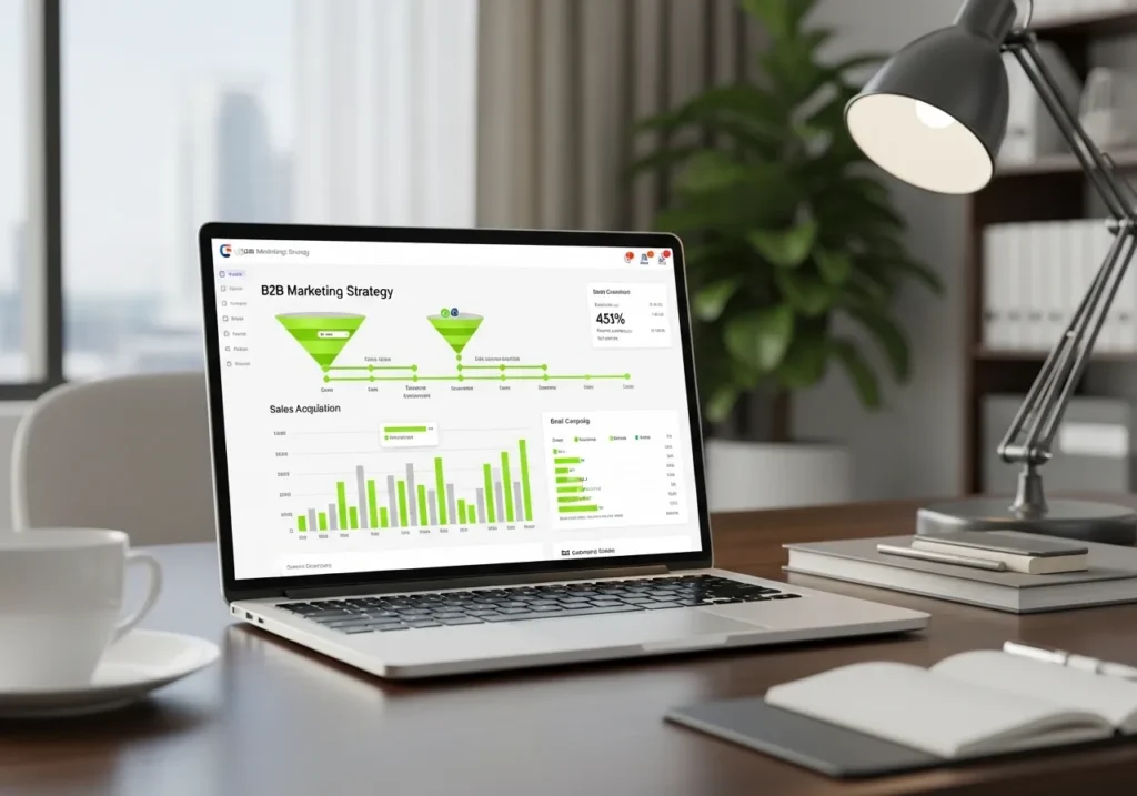 Laptop displaying analytics dashboard with sales funnel and charts representing B2B Marketing Strategy for UAE Companies
