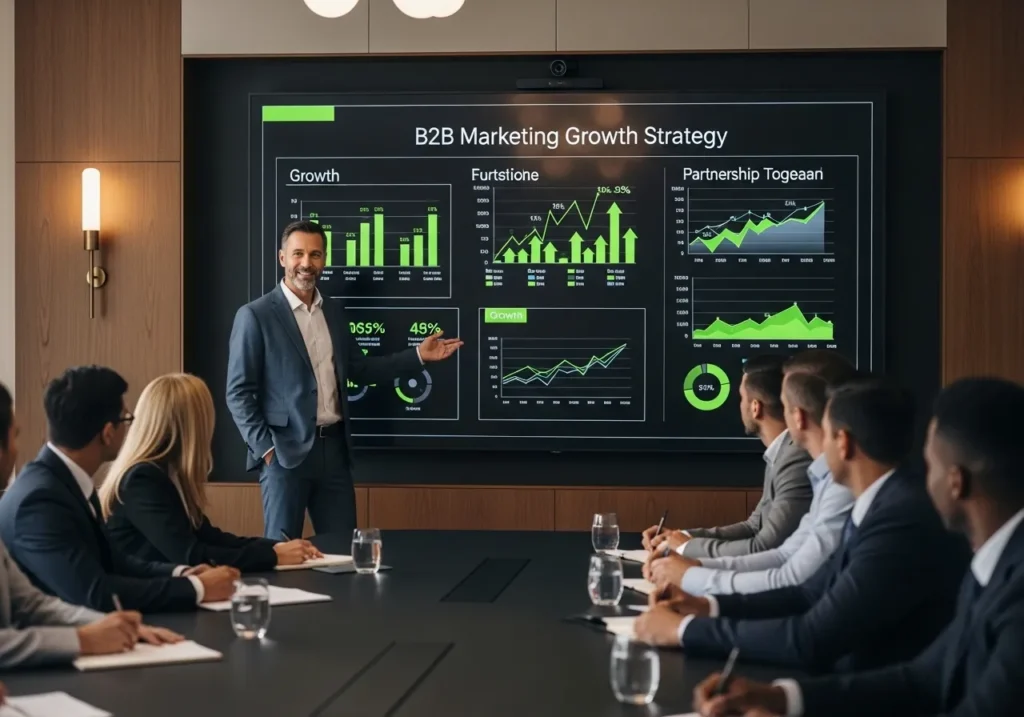 Business presentation showing growth charts and analytics for B2B Marketing Strategy for UAE Companies in a corporate meeting
