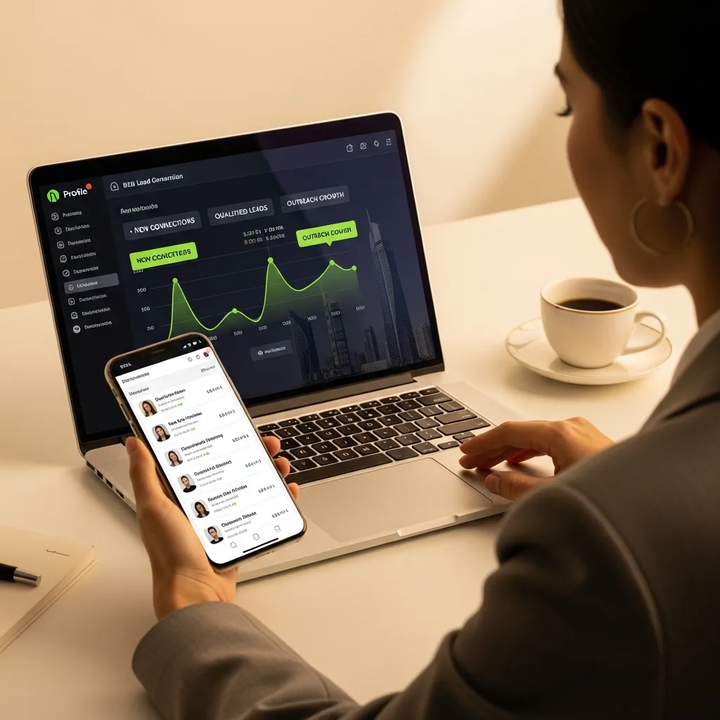 Professional analyzing data dashboard on laptop and mobile showcasing B2B Marketing Strategy for UAE Companies growth insights