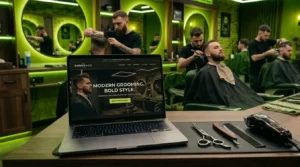 Barbershop website SEO optimization for men’s grooming salons in Dubai UAE showing booking website on laptop