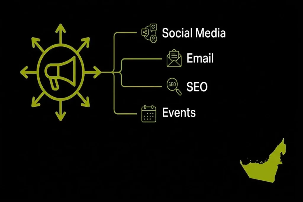 Infographic highlighting the best content distribution channels for UAE startups, including social media, email, SEO, and events.