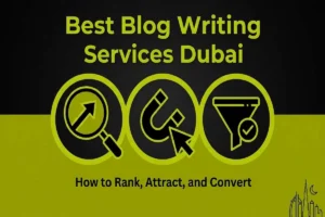 Infographic for the best blog writing services Dubai, featuring icons for SEO ranking, audience attraction, and lead conversion.