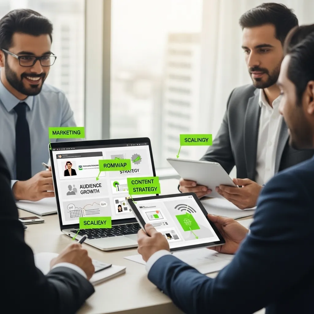 A professional corporate team in Dubai discussing Building a Long-Term Digital Growth Strategy in UAE using a laptop and tablet showing audience growth and content strategy dashboards.