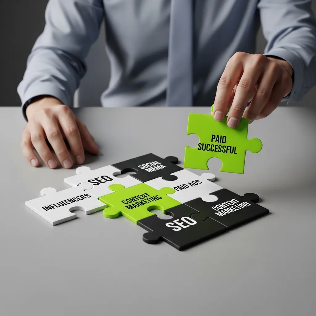 Hand placing a green puzzle piece labeled “Paid Successful” into a marketing strategy puzzle showing SEO, social media, influencers, content marketing, and paid ads – illustrating how to choose the right marketing channel for effective digital growth.