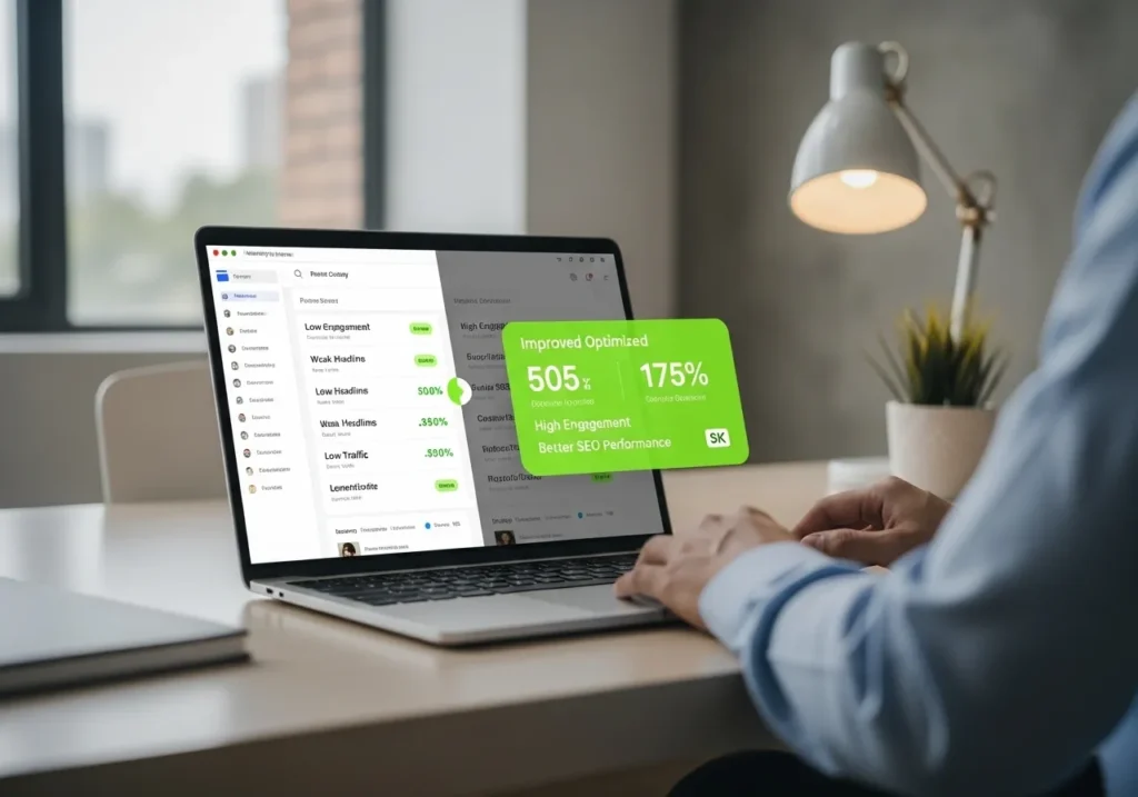 Digital marketing dashboard on a laptop showing improved SEO performance and analytics metrics highlighting common content mistakes