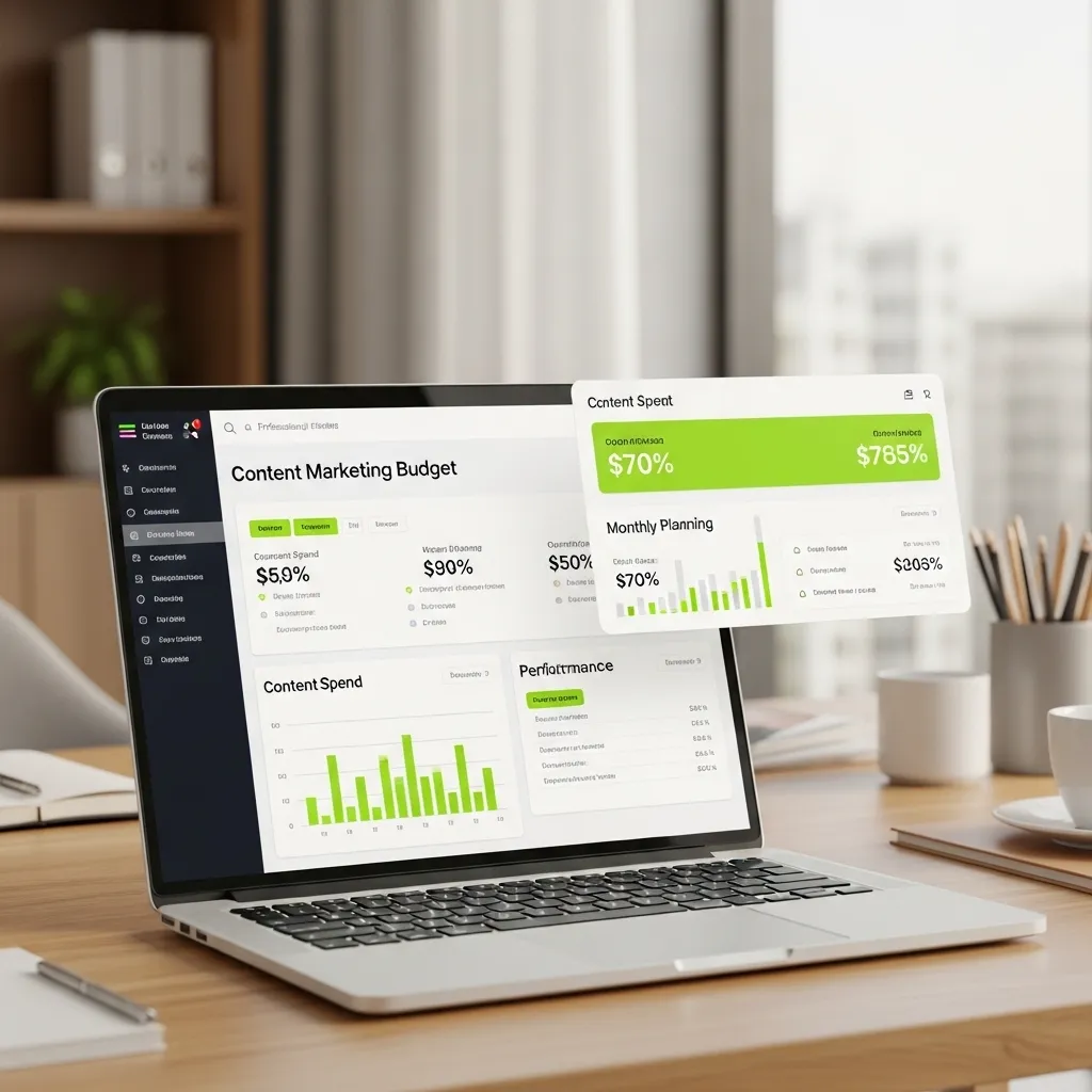 Content marketing budget planning dashboard on laptop showing analytics, budget allocation, performance metrics, and monthly content spend insights