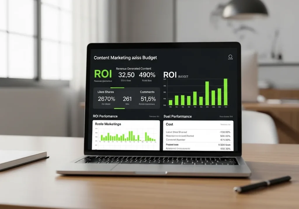 Content Marketing Budget dashboard on laptop showing ROI, performance metrics, engagement stats, and budget analytics charts