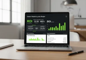 Content Marketing Budget dashboard on laptop showing ROI, performance metrics, engagement stats, and budget analytics charts