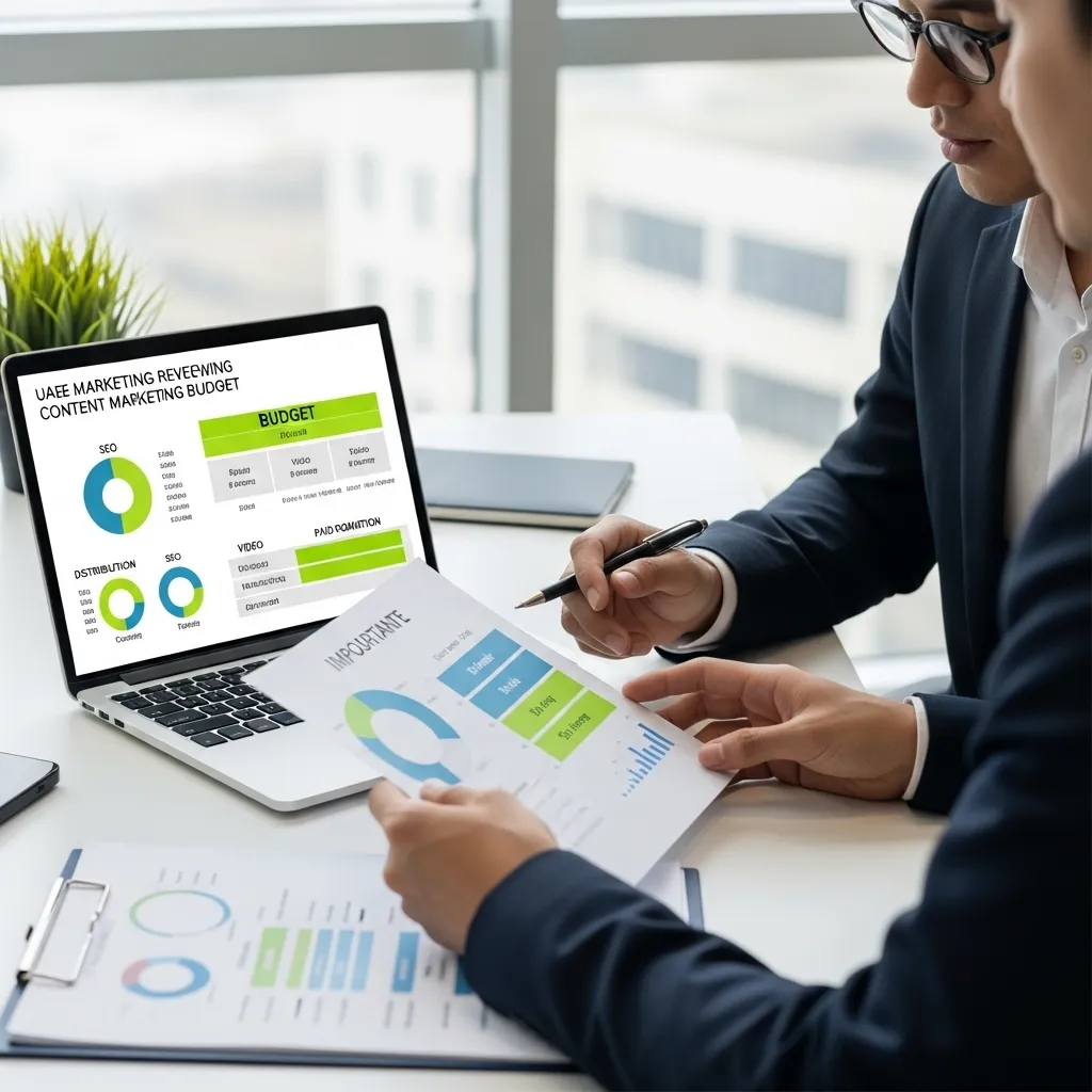 Business professionals analyzing content marketing budget with charts, SEO metrics, distribution data, and ROI reports on laptop and printed documents
