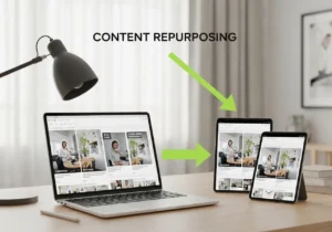 Laptop and tablet displaying content transformation across devices illustrating a content repurposing strategy for digital marketing