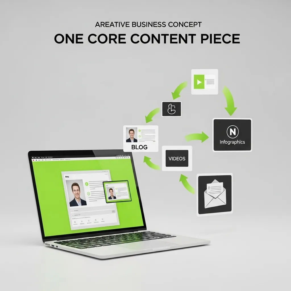 Content Repurposing Strategy diagram showing one core content piece transformed into blog, videos, infographics, and email marketing assets