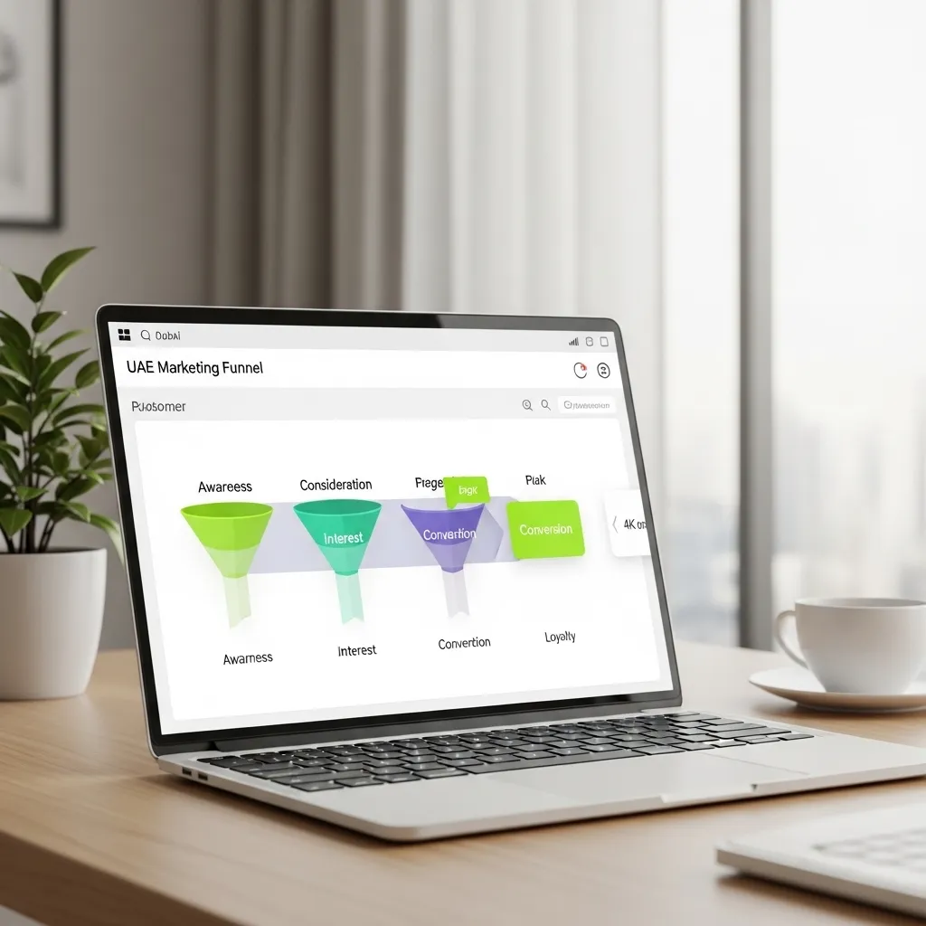 A laptop on a wooden desk displaying a UAE Marketing Funnel and Customer Journey Mapping for UAE Businesses, featuring stages like Awareness, Interest, Conversion, and Loyalty.