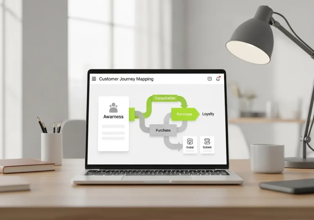 A laptop screen showing a detailed flowchart for Customer Journey Mapping for the UAE Market, including stages for awareness, consideration, purchase, and loyalty, placed on a modern office desk.