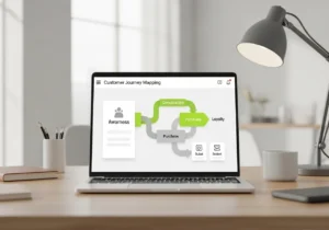 A laptop screen showing a detailed flowchart for Customer Journey Mapping for the UAE Market, including stages for awareness, consideration, purchase, and loyalty, placed on a modern office desk.