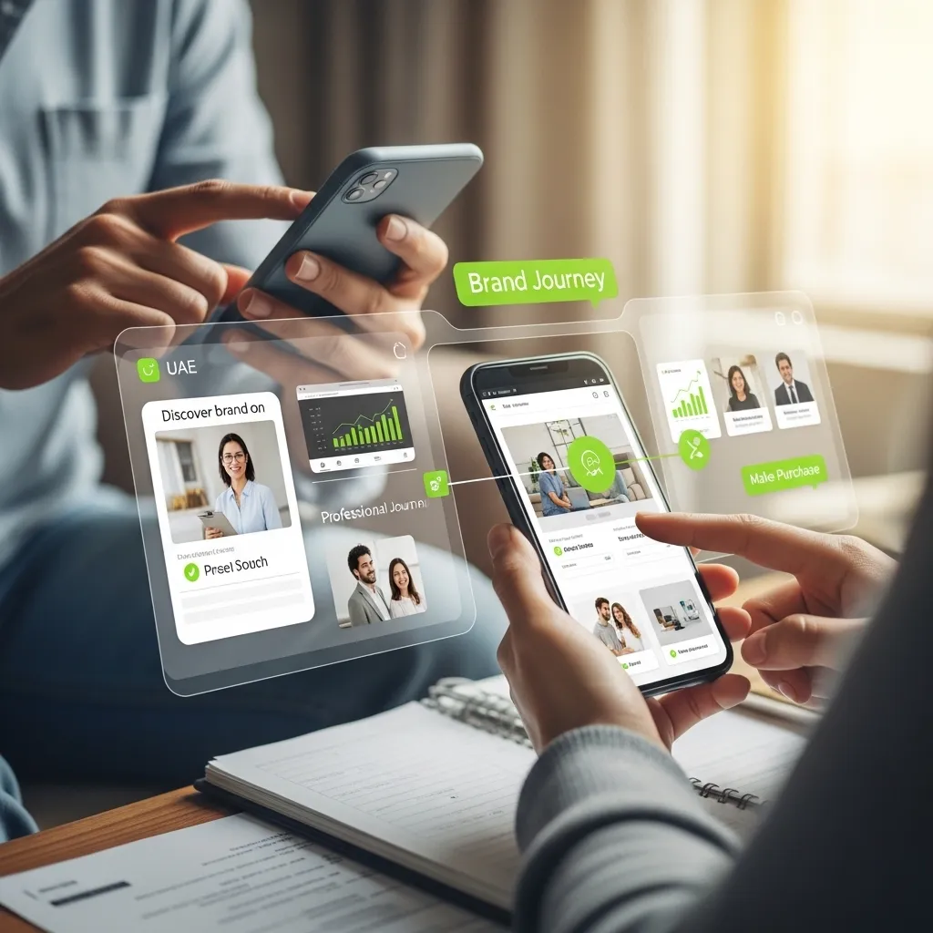 A digital interface showing a Brand Journey and Customer Journey Mapping for the UAE Market with analytics charts and professional profiles being accessed on a smartphone and tablet.