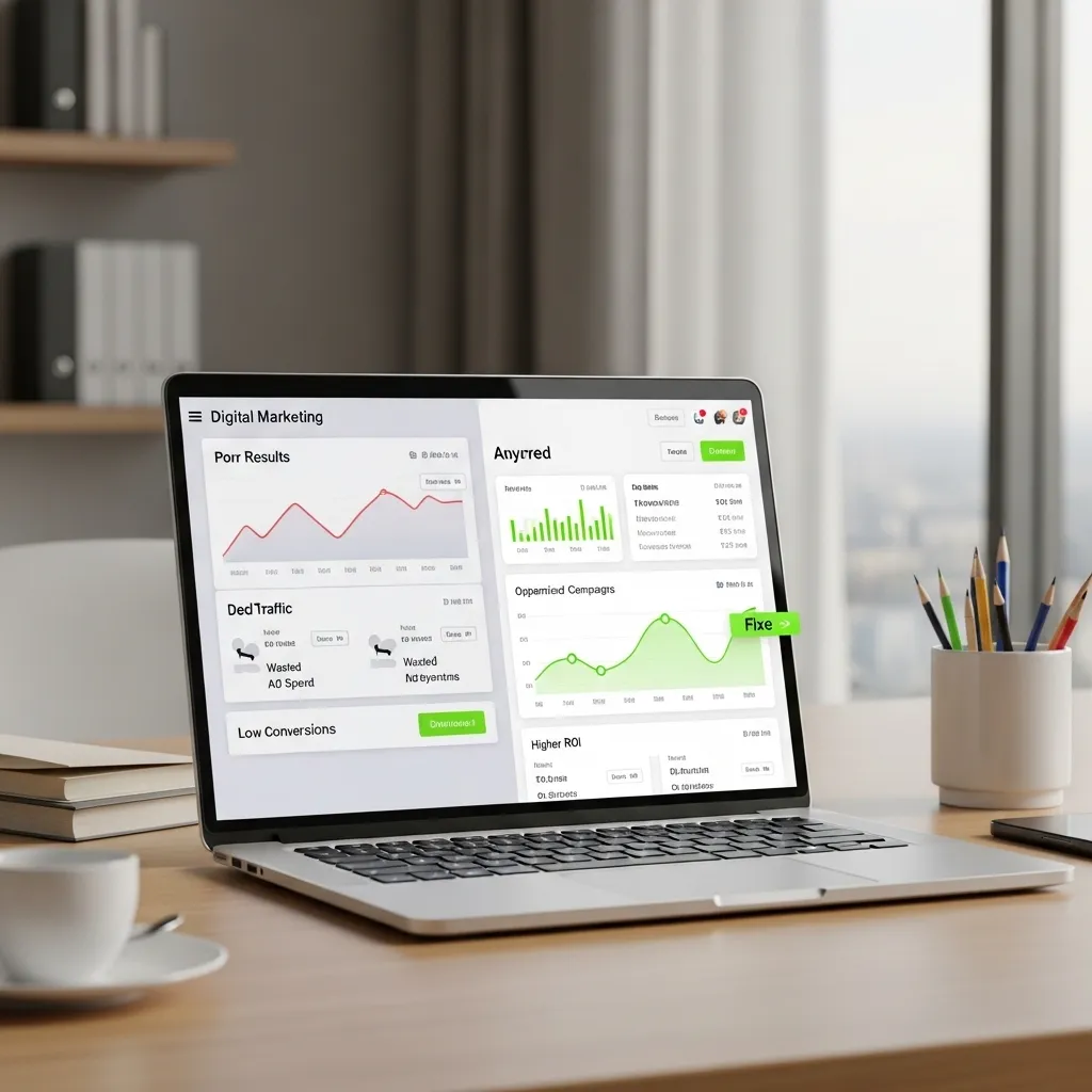 Laptop showing digital marketing analytics dashboard highlighting performance issues and mistakes businesses often make
