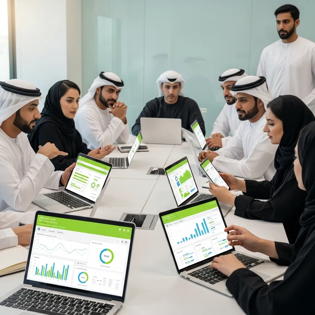 A group of diverse professionals and local experts in a Dubai office discussing Digital Transformation for Traditional Businesses in UAE while using laptops with green data dashboards.
