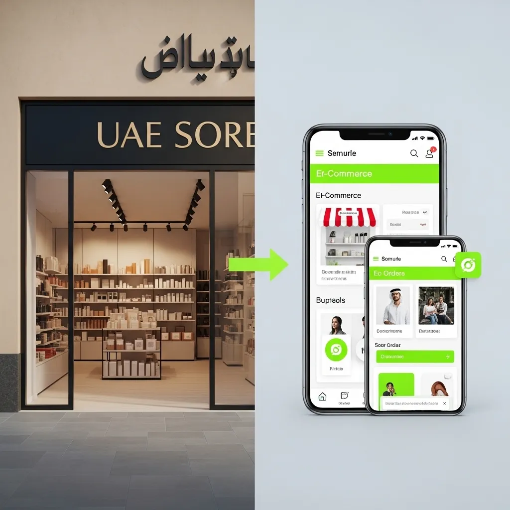 A creative split-screen visual demonstrating Digital Transformation for Traditional UAE Businesses, transitioning from a physical boutique with Arabic and English signage into a high-end mobile e-commerce application.