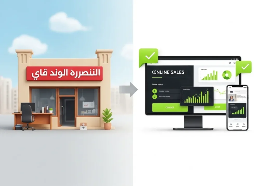 A comparison showing Digital Transformation for Traditional UAE Businesses, transitioning from a physical storefront with Arabic signage to a modern digital interface featuring online sales analytics and mobile apps.