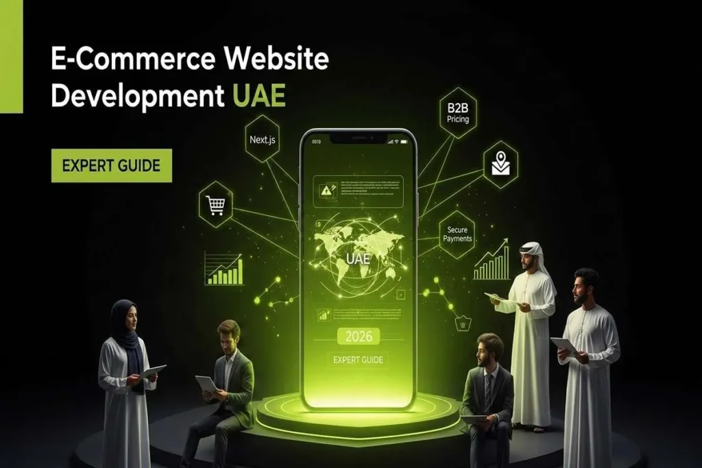 Expert guide to E-Commerce Website Development UAE, showing a digital store interface with secure payment and B2B icons.