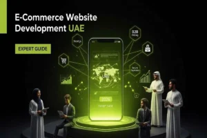 Expert guide to E-Commerce Website Development UAE, showing a digital store interface with secure payment and B2B icons.