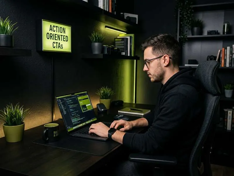 A professional marketer uses Email Copywriting Tips UAE to create action-oriented CTAs within a modern office setting.