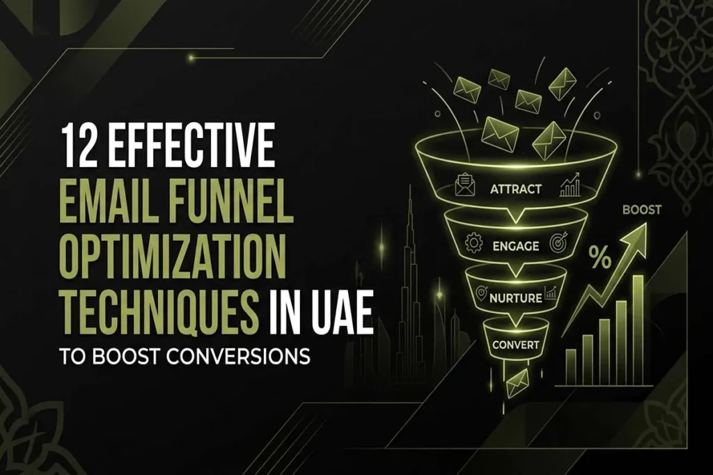 Infographic showing 12 Email Funnel Optimization Techniques to attract, engage, and convert customers in the UAE.