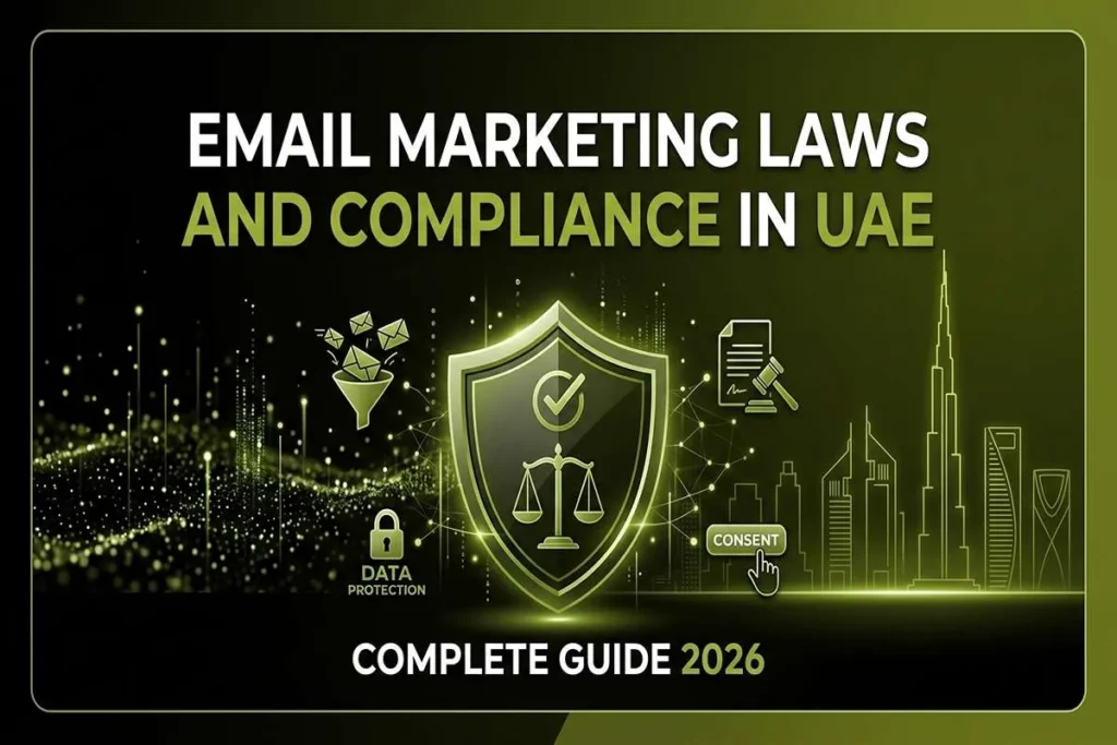 Guide to email marketing laws in UAE, showing data protection and consent icons over a digital Dubai skyline backdrop.