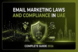 Guide to email marketing laws in UAE, showing data protection and consent icons over a digital Dubai skyline backdrop.