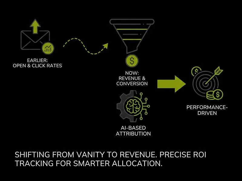 Infographic illustrating the future of email marketing, shifting focus from vanity metrics to AI-based ROI tracking.