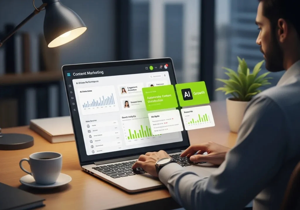 AI powered content marketing dashboard showing analytics and growth insights representing future of content marketing in UAE