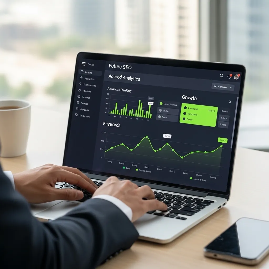 Professional analyzing future SEO dashboard with advanced analytics, keyword trends, and growth metrics on laptop in UAE office