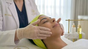 Close-up skincare treatment in a UAE aesthetic clinic with dermatologist performing facial therapy on a patient during a luxury skincare procedure