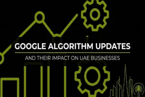 Infographic showing "Google Algorithm Updates and Their Impact on UAE Businesses" with gears and a Dubai skyline icon.