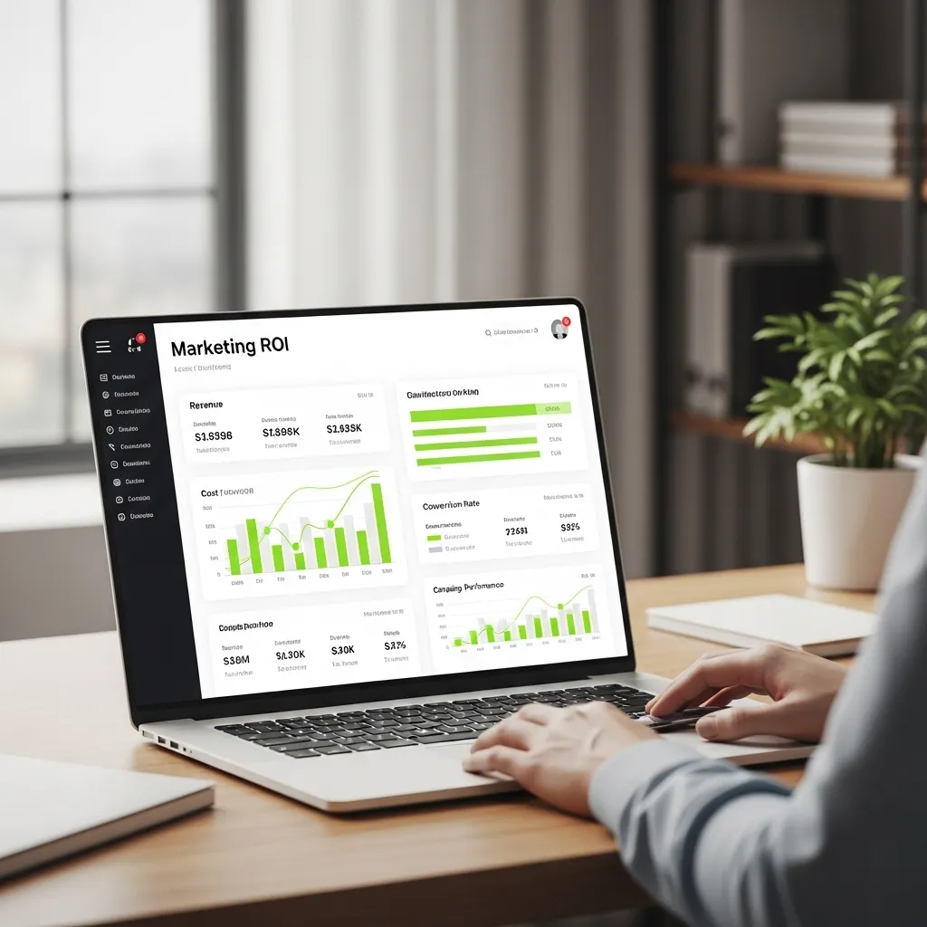 Professional analyzing marketing ROI dashboard on a laptop with revenue, conversion rates, and campaign performance data in UAE office
