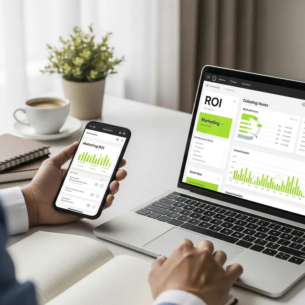 Professional in UAE reviewing marketing ROI on laptop and smartphone with analytics dashboards showing campaign performance and growth metrics