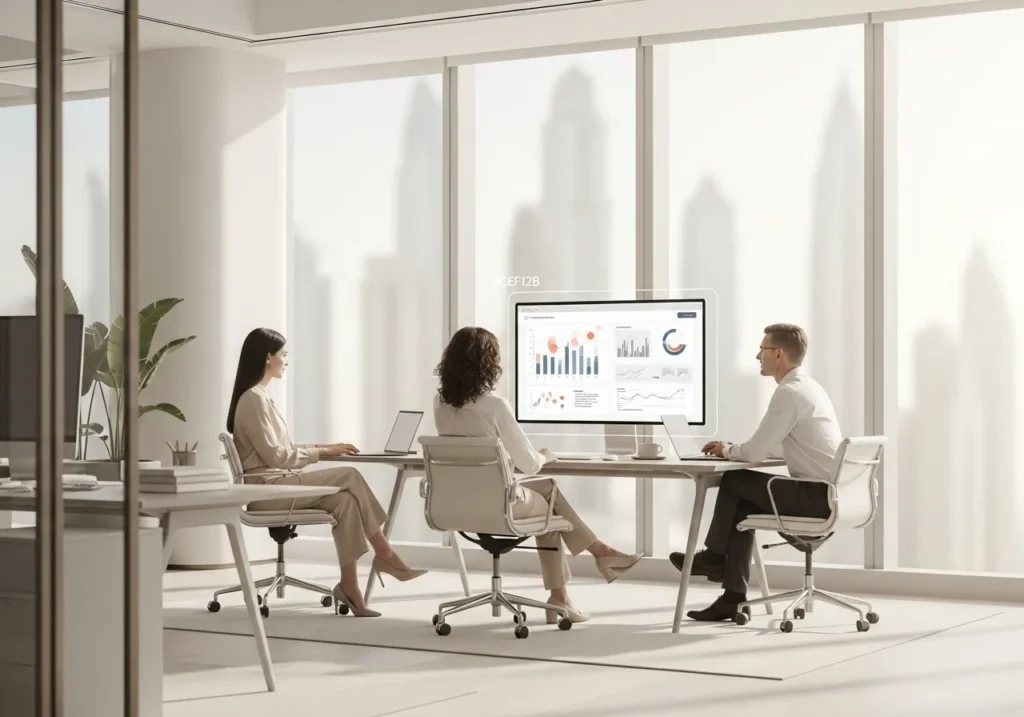 Three professionals sitting in a bright, minimalist office, discussing analytics displayed on a large monitor showing charts and graphs.