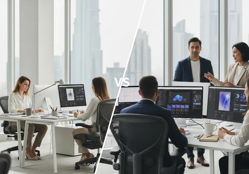 A corporate team discusses In-House vs Agency Marketing in UAE while a presenter explains strategy using visual data on a large screen in a modern office.