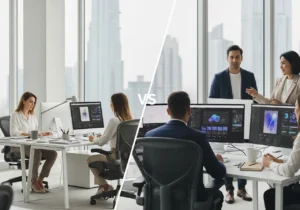 A corporate team discusses In-House vs Agency Marketing in UAE while a presenter explains strategy using visual data on a large screen in a modern office.
