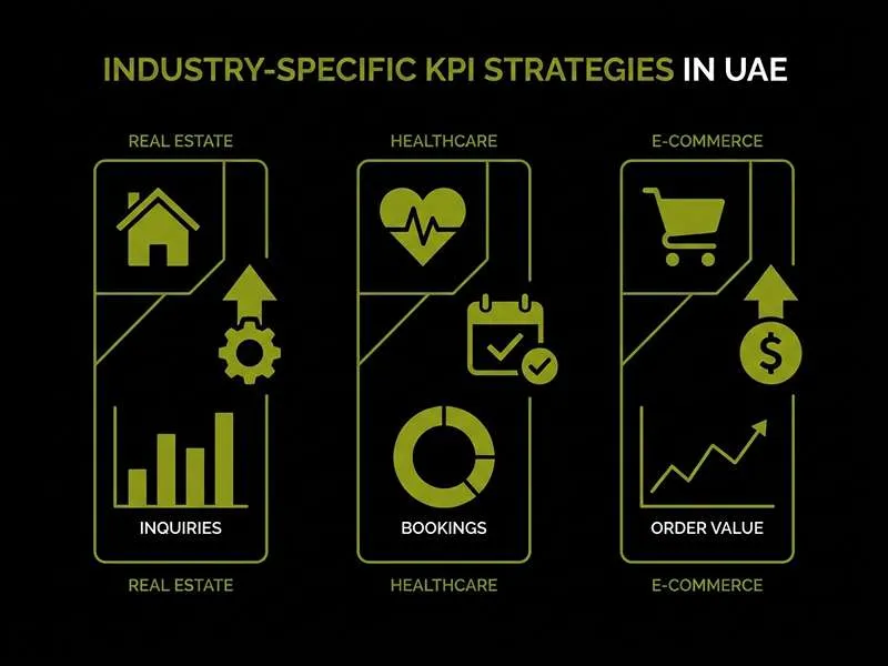 Infographic displaying industry-specific KPI strategies in UAE for real estate, healthcare, and e-commerce sectors.
