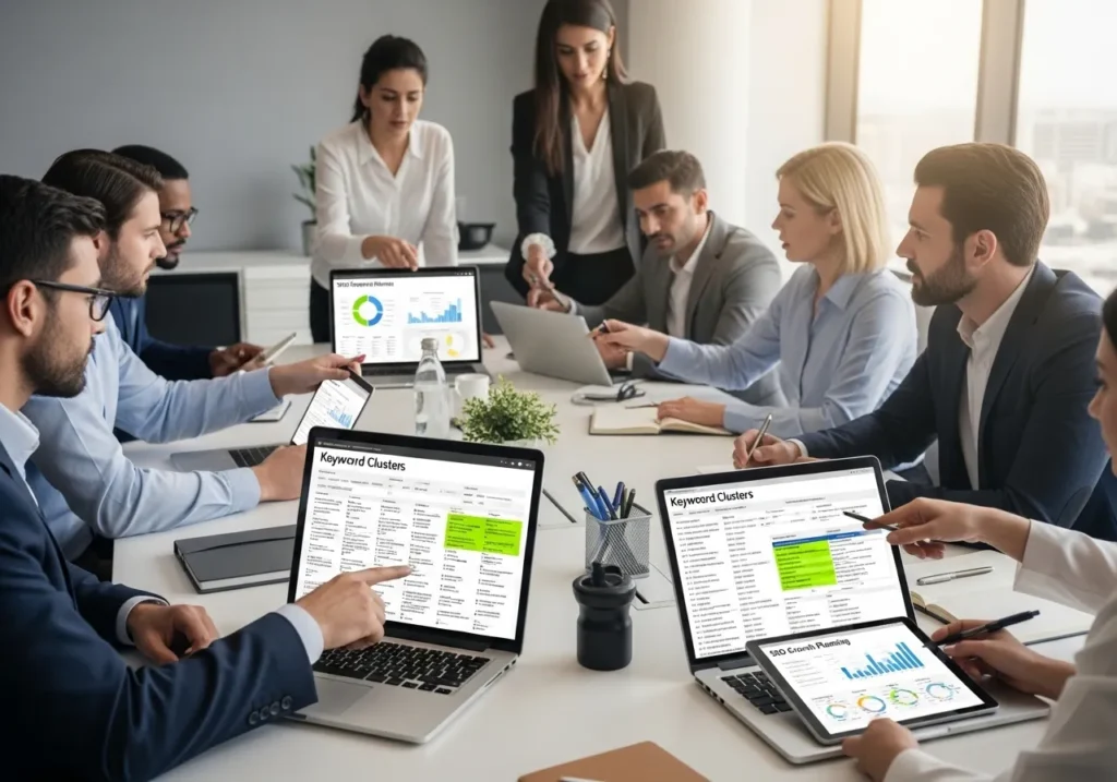 A professional digital marketing team collaborating on a keyword research strategy using laptops displaying SEO keyword clusters and data analytics charts in a bright office setting.