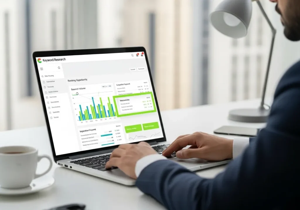 Professional analyzing keyword research dashboard on laptop with SEO metrics and search volume charts representing Keyword Research Strategy for UAE Businesses.
