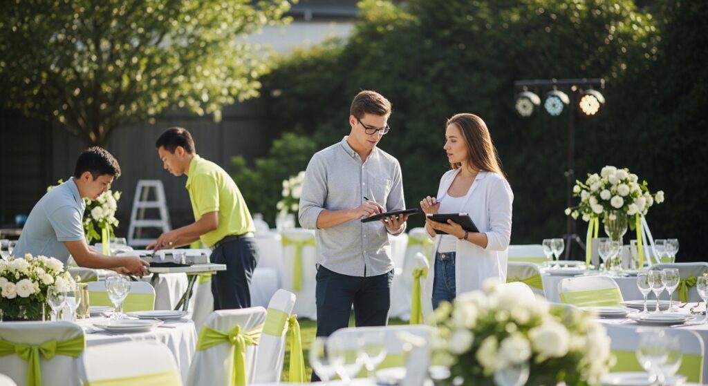 "A professional male and female event planning team actively coordinating a high-end corporate event at an outdoor venue, using digital tablets to manage logistics while staff arrange white-clothed tables